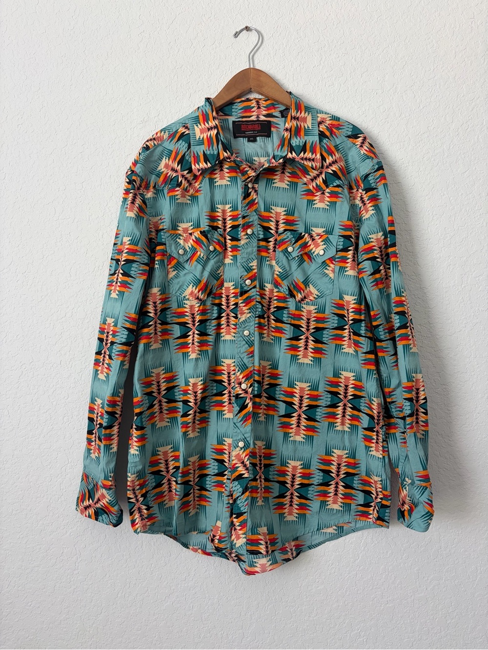 Turquoise Rock&Roll XL Geometric Print Mens Button-Up Shirt